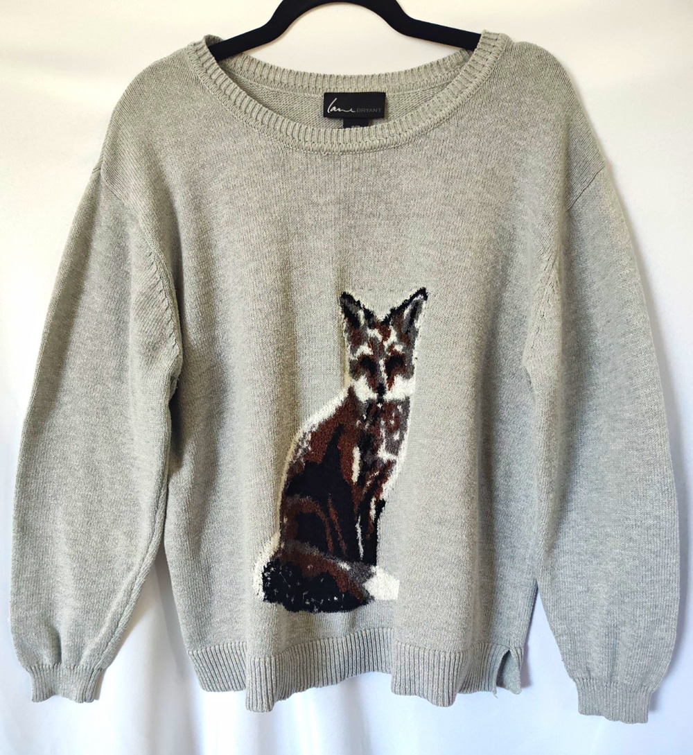 Lane Bryant Gray Animal Print Tight-Knit Crew Neck Fox Pullover Sweater 18